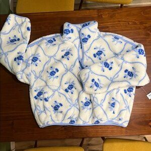 Old Navy Blue and White Printed Sherpa Quarter-Zip Pullover